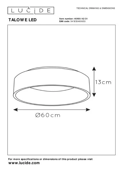 Lucide TALOWE LED - Plafonnière - Ø 60 cm - LED Dimb. - 1x42W 3000K - Wit - technisch